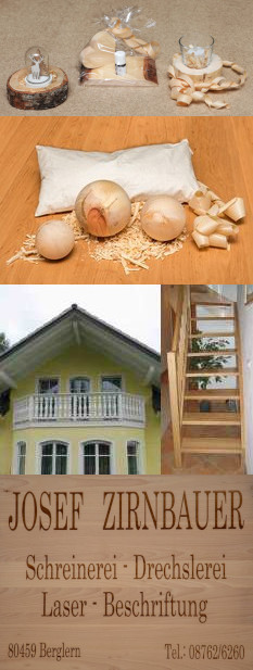 Zirbenkugeln und -sp&auml;ne sowie Balkon, Treppe und Laserbeschriftung aus unserer Schreinerei